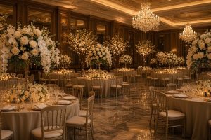 Decoração de casamento Alto Padrão no Belvedere – Belo Horizonte 1 Salão de festas sofisticado no bairro Belvedere, em Belo Horizonte, com mesas de banquete elegantes, cadeiras Tiffany, arranjos de rosas brancas e orquídeas em cascata, cristais e iluminação âmbar quente refletindo no piso de mármore.