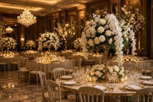 Decoração de casamento Alto Padrão no Belvedere – Belo Horizonte Salão de festas sofisticado no bairro Belvedere, em Belo Horizonte, com mesas de banquete elegantes, cadeiras Tiffany, arranjos de rosas brancas e orquídeas em cascata, cristais e iluminação âmbar quente refletindo no piso de mármore.