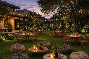 Evento ao Ar Livre com Mesas de Madeira Belvedere-BH Quintal espaçoso de mansão moderna no bairro Belvedere, em Belo Horizonte, com mesas de madeira elegantes em primeiro plano, pufs e mesinhas de centro ao fundo, luzes de fada quentes, velas e iluminação de crepúsculo criando atmosfera sofisticada para evento.
